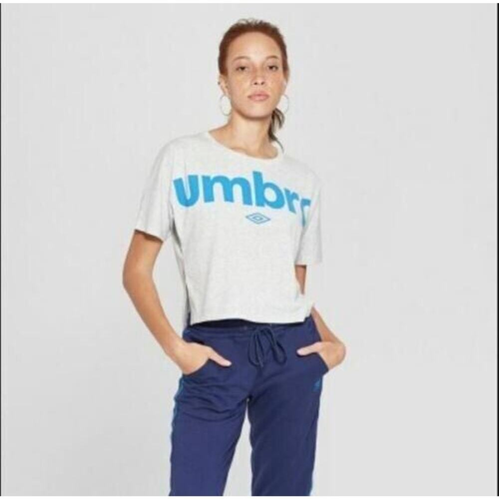 Umbro Women's Crew Neck Short Sleeve Sports Training Logo T-Shirt Grey/Blue Med
